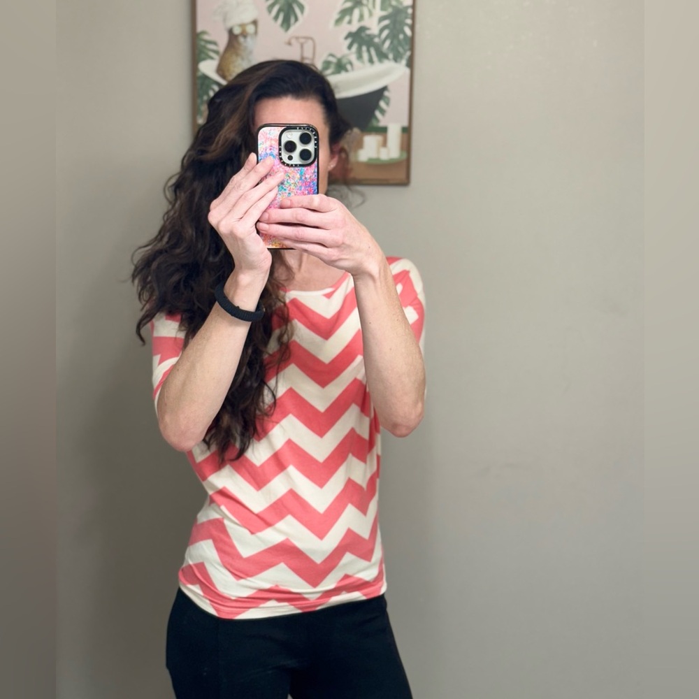DNA Couture Coral and White Chevron Fitted Short Sleeve Tee/blouse